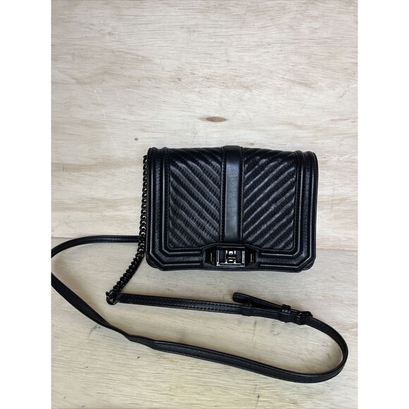 REBECCA MINKOFF Black Leather Quilted Chevron Chain Inset Strap Crossbody Purse - Picture 3 of 16